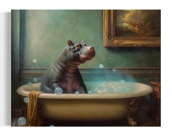 May include: A hippopotamus taking a bath in a white porcelain bathtub with bubbles. The hippopotamus is sitting in the tub with its head turned to the side. The tub is in a room with green walls and a gold framed picture on the wall.