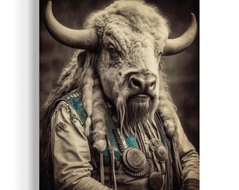 White Buffalo Cowboy Painting | Buffalo Bison Wall Art, Western Aesthetic, Wild West, Dark Academia Decor, Fantasy Whimsical Animal AXS54