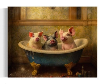 Pigs in the Bathtub Oil Painting | Funny Bathroom Wall Art, Cute Pig Print, Animal in Bathtub, Whimsy Animal Art, Dark Humor AXS39