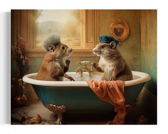 Squirrels in the Bathtub Oil Painting | Funny Bathroom Wall Art, Woodland Forest, Animal in Bathtub, Whimsy Animal Art, Dark Humor AXS12