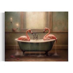 Pink Flamingo in the Bathtub Oil Painting | Funny Bathroom Wall Art, Bird Wall Art, Animal in Bathtub, Whimsy Animal Art, Dark Humor AXS13