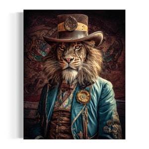 The Gentleman Lion Royal Portrait | Victorian Lion Wearing a Top Hat Painting, Lion Art, Dark Gallery Wall, Animals In Clothes AXS25