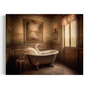 Swan in the Bathtub Oil Painting | Funny Bathroom Wall Art, Vintage Bird Bath Print, Animal in Bathtub, Whimsy Animal Art, Dark Humor AXS11