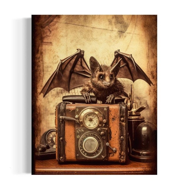 Bat Still Life |  Bat And Vintage Camera Print, Dark Academia Decor, Antique Library Painting, Macabre Art, Eclectic Wall Art Gallery ASE5