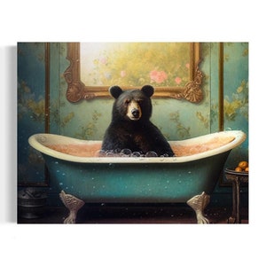 Bear in the Bathtub Oil Painting | Funny Bathroom Wall Art, Black Bear Print, Animal in Bathtub, Whimsy Animal Art, Dark Humor AXS06