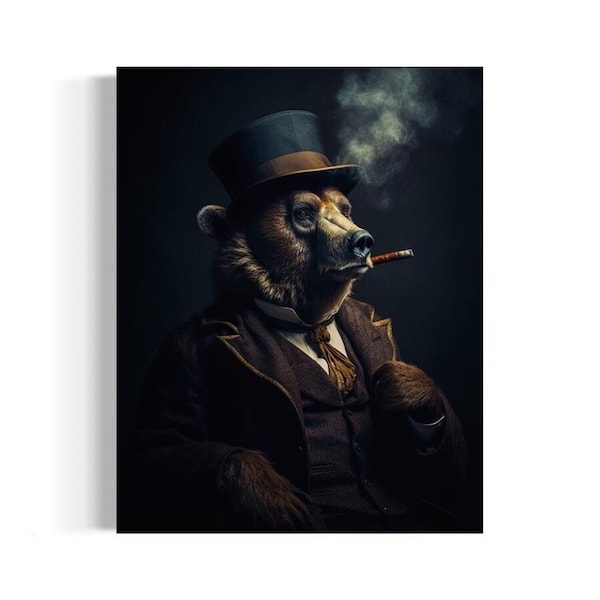 Smoking Bear Vintage Portrait, Bear in Top Hat Painting, Animals in Clothes Decor, Funny Animal Art, Fancy Animal, Whimsical Animals Z02