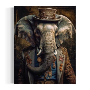 The Gentleman Elephant | Victorian Portrait of Elephant Wearing a Top Hat Painting, Jungle Art, Dark Gallery Wall, Animals In Clothes AXS23