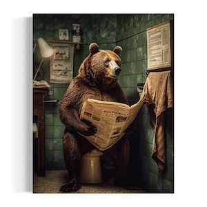 Bear in the Bathroom Oil Painting | Funny Bathroom Wall Art, Brown Bear Reading The Newspaper on Toilet, Whimsy Animal Art, Dark Humor AXS20