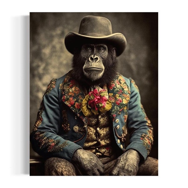 Gentleman Gorilla Portrait | Vintage Gorilla Wearing Floral Suit, Monkey Wall Art, Monkey Painting, Wildlife Anthropomorphic Art AXS21