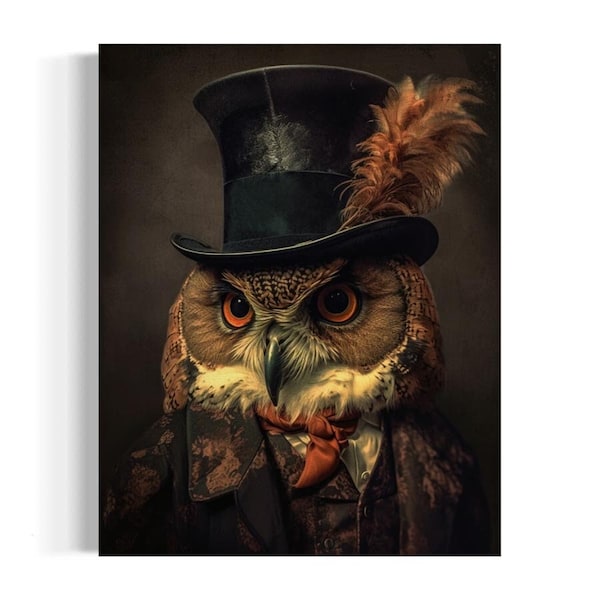 Gentleman Owl Vintage Portrait | Antique Owl Painting, Barn Owl, Dark Academia Decor, Forest Animal, Moody Wall Art, Whimsical Animals AXS57