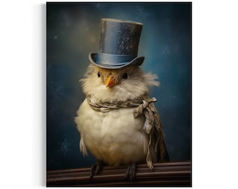 Puede incluir: Un pájaro blanco con un sombrero de copa azul y una bufanda gris, posado en un borde de madera sobre un fondo azul.