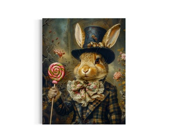 Fancy Rabbit With Spiral Lollypop | Vintage Bunny Painting, Whimsical Wall Art, Spring Kitchen Farmhouse Wall Decor, Animals in Clothes 74AS