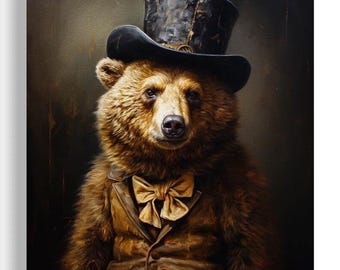 Lámina artística vintage de oso: retrato antropomórfico de oso, animal victoriano con sombrero de copa, Moody Wall Art - Jasper Bear 1AS