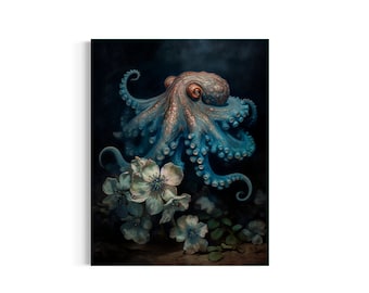 Octopus With Flowers Painting, Victorian Ocean Animal Print, Sea Monster Art, Gothic Botanical, Vintage Nautical Coastal Aesthetic 111AS