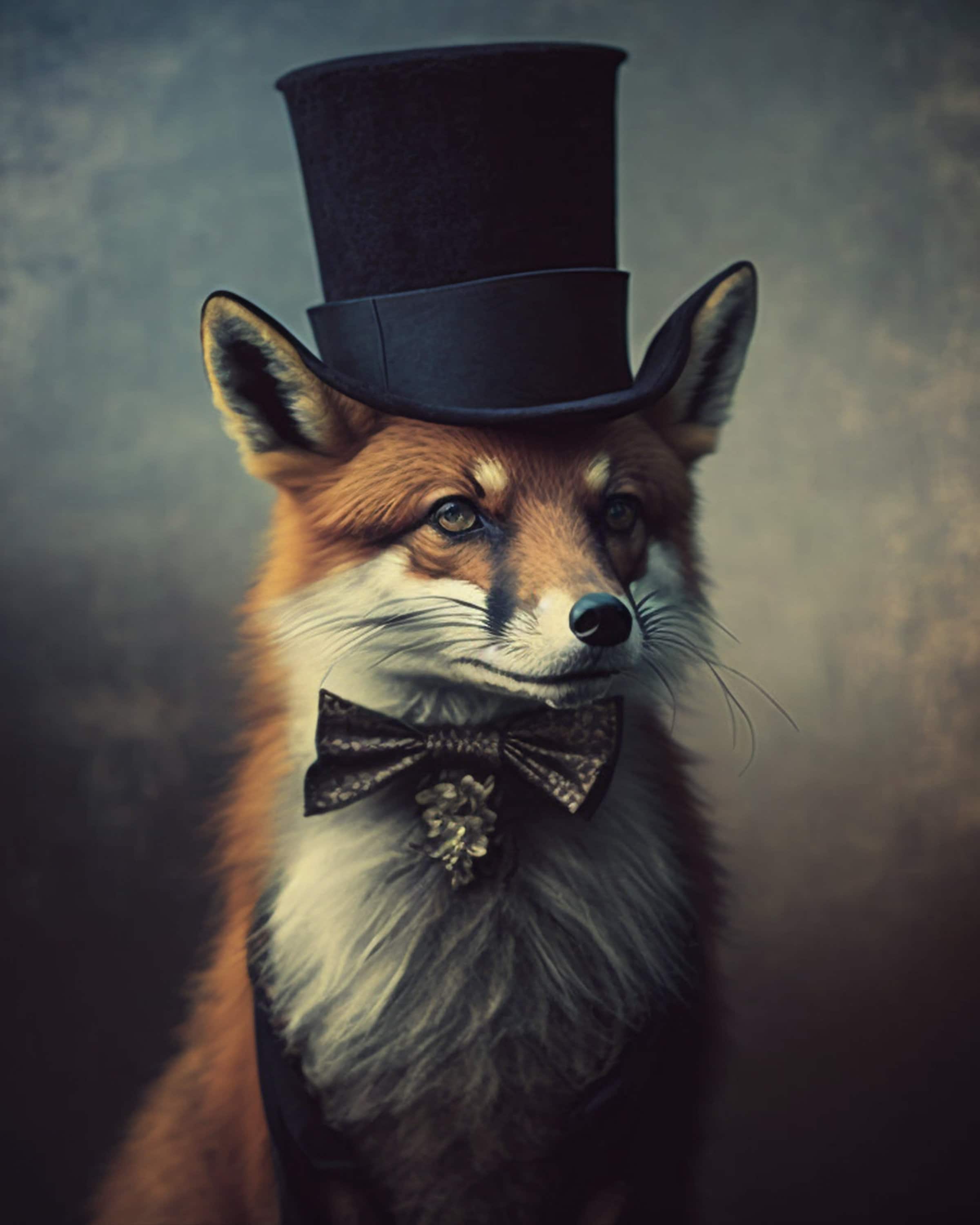 Gentleman Fox Vintage Portrait, Victorian Fox Wearing a Top Hat Painting,  Fox Art, Dark Forest Gallery Wall, Fantasy Whimsical Animal VA215 
