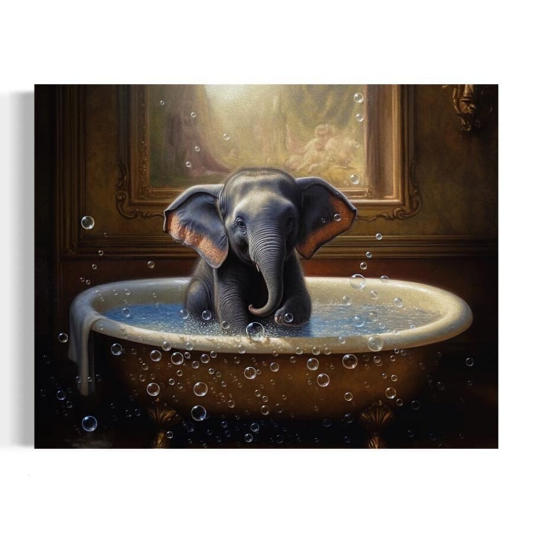 Elephant in the Bathtub Oil Painting | Funny Bathroom Wall Art ...