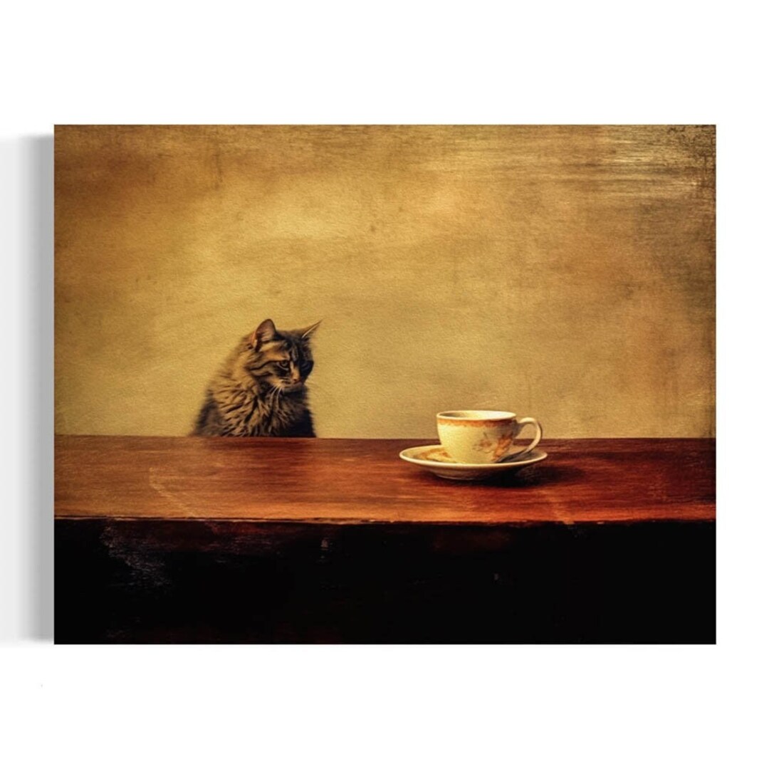 Antique Kitten Wall Decor, Vintage Kitchen Still Life Oil Painting, Cat