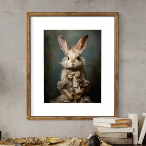 Victorian White Rabbit Painting, Emily Bunny Vintage Portrait