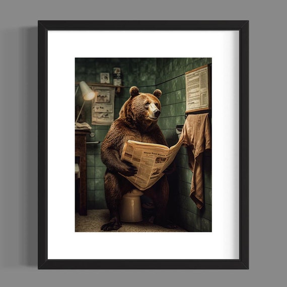 Bear in the Bathroom Oil Painting | Funny Bathroom Wall Art, Brown