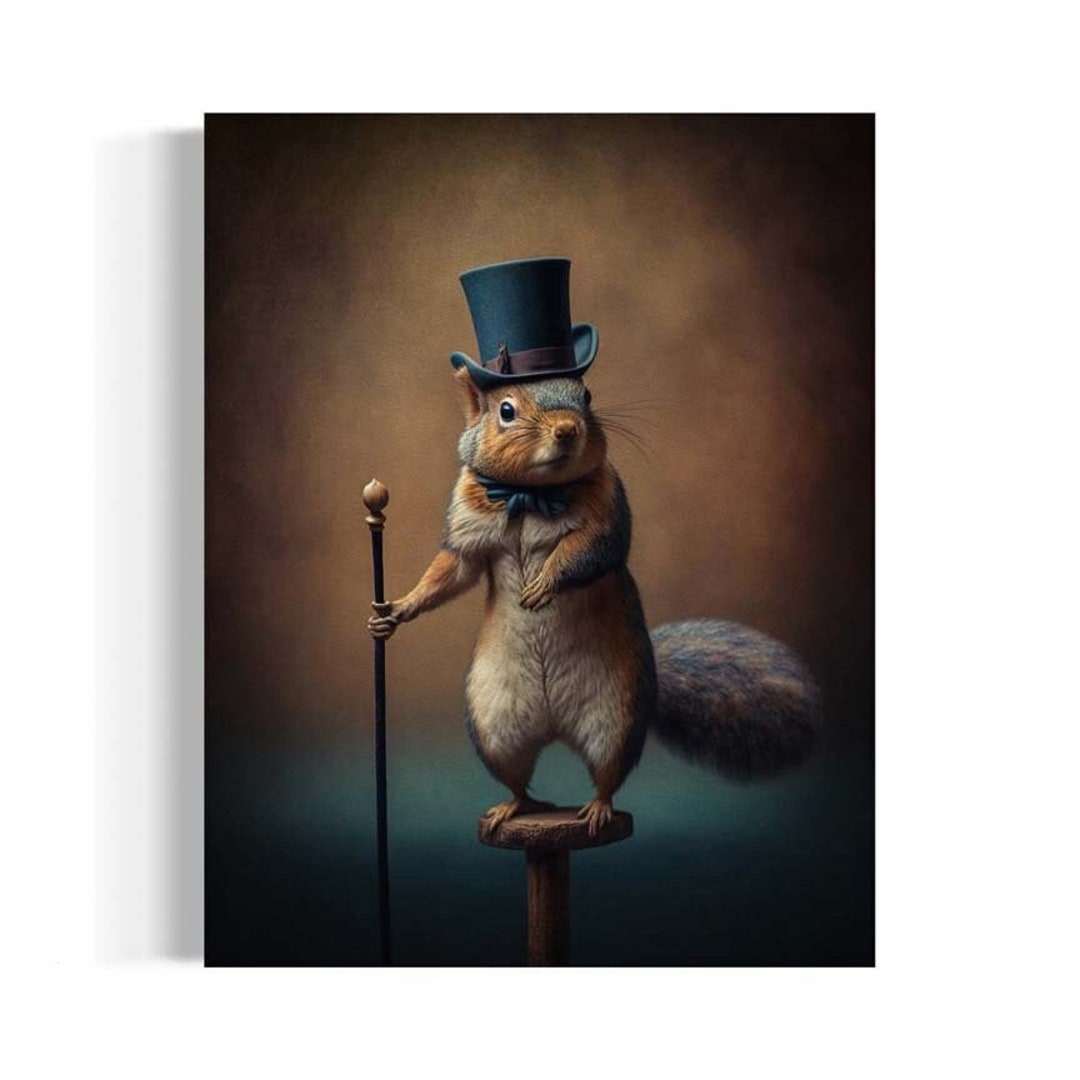 Squirrel Vintage Portrait, Victorian Squirrel in A Top Hat Painting