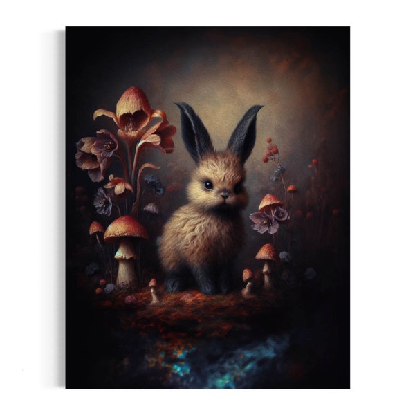 Rabbit In Mushroom Forest Oil Painting, Cute Woodland Animal, Cottagecore Rustic Decor, Botanical Wall Art, Nature Whimsical Aesthetic 53AS