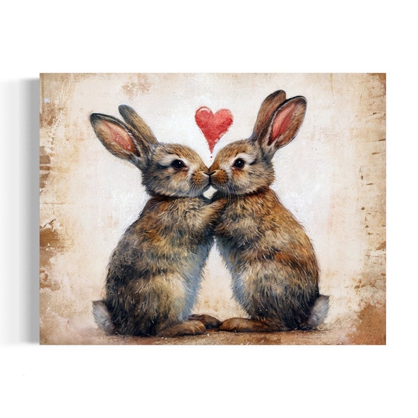 Rabbit Art Print, Cute Woodland Animal Nursery Decor, Cottagecore Rustic Painting, Love Pair Wall Art, Nature Whimsical Aesthetic 57AS