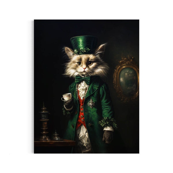 Gentleman Cat Vintage Royalty Portrait, Victorian Cat Tea Party Oil Painting, Dark Green Gallery Wall, Fantasy Whimsical Animal 40AS