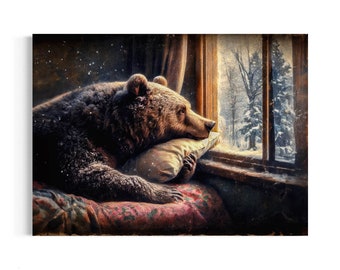 Vintage Winter Bear Oil Painting, Snowy Day In the Forest, Antique Animal Wall Decor, Dark Academia Decor, Eclectic Wall Gallery 56AS