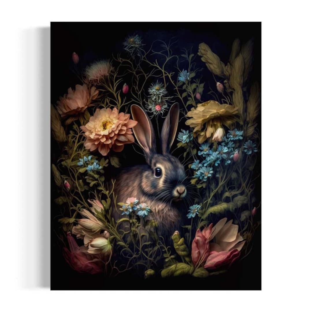 Vintage Rabbit Painting Moody Art Rabbit in Floral Anitque - Etsy