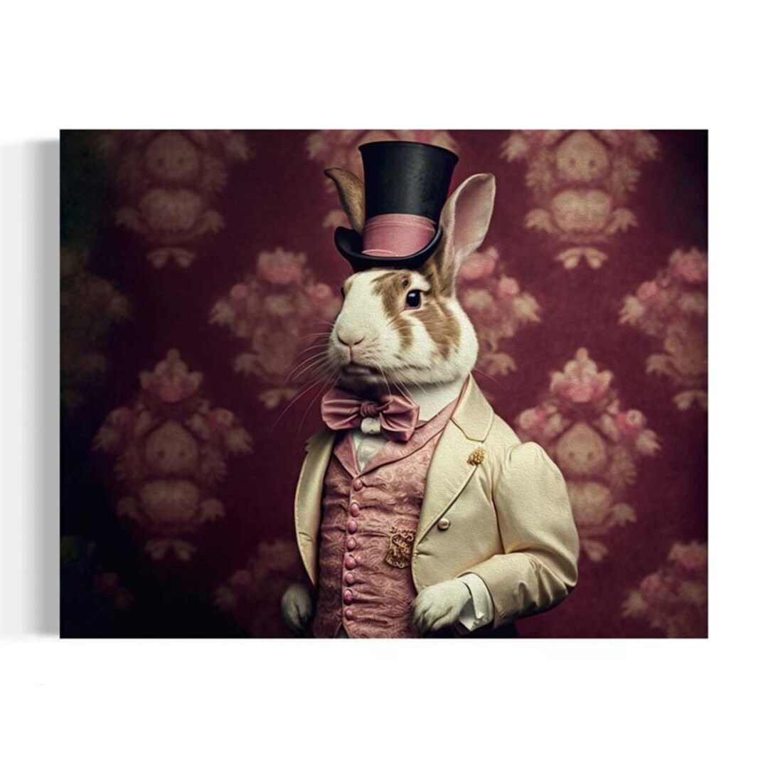 Noble Rabbit Vintage Portrait Landscape, Victorian Bunny Painting, Dark ...