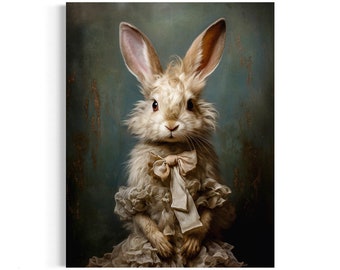 Victorian White Rabbit Art Print, Emily Bunny Vintage Portrait, Whimsical Animal, Royalcore, Regency Aesthetic Gallery Wall 38AS