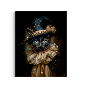 May include: A digital art print of a black cat wearing a dark blue witch hat adorned with gold stars and feathers. The cat is dressed in a ruffled collar and a decorative outfit, set against a dark background.