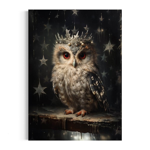 Owl Vintage Portrait, Antique Star Crown Owl Painting, Barn Owl, Dark Academia Decor, Forest Animal, Moody Wall Art, Whimsical Animals 47AS