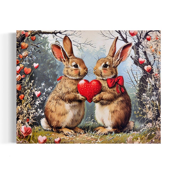 Rabbit Wall Decor, Red Hearts and Bows, Cute Woodland Animal Nursery Decor, Cottagecore Rustic Painting, Nature Whimsical Aesthetic 58AS