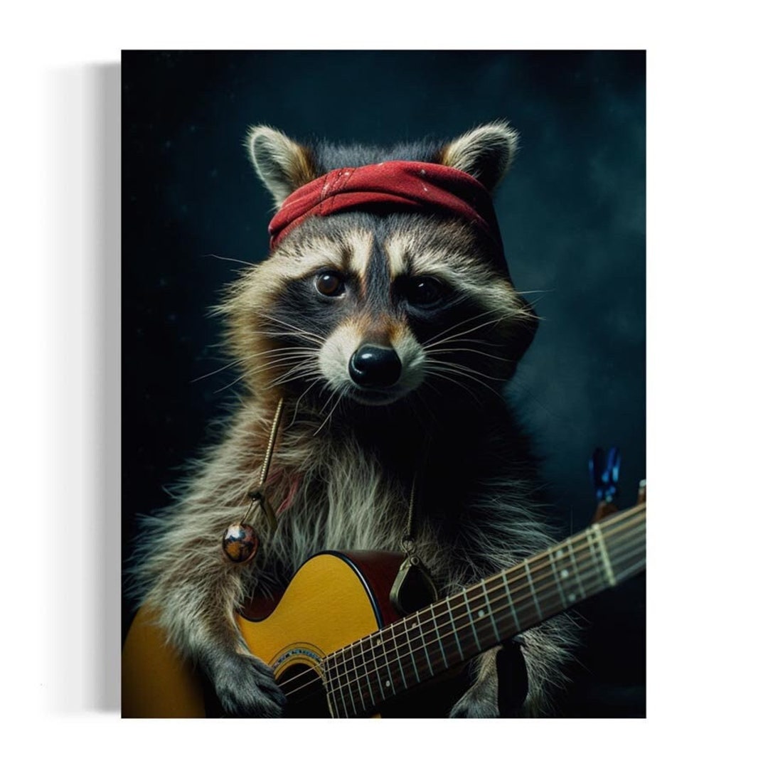 Rockstar Racoon Drawing Racoon Playing Guitar Print | Racoon Rockstar Wall Decor, Maximalist ...