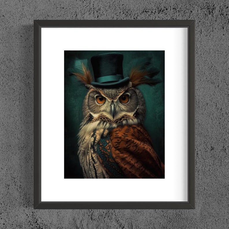 May include: A brown and white owl wearing a teal blue top hat with a green background. The owl has a serious expression and is looking directly at the viewer.