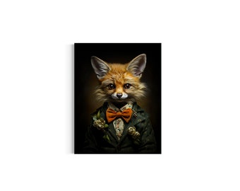 Victorian Fox Wearing a Suit Painting, Gentleman Red Fox Vintage Portrait, Fox Art, Dark Forest Gallery Wall, Fantasy Whimsical Animal 133AS