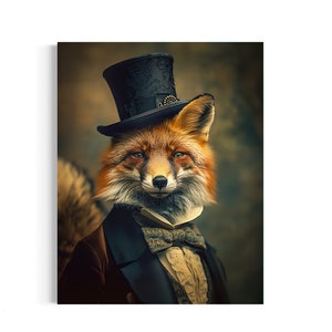 Gentleman Fox Vintage Portrait, Victorian Fox Wearing a Top Hat Painting, Fox Art, Dark Forest Gallery Wall, Fantasy Whimsical Animal VA#215