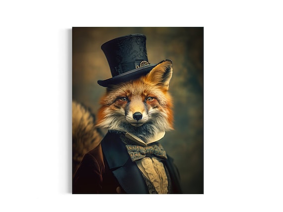 Gentleman Fox Vintage Portrait, Victorian Fox Wearing a Top Hat Painting, Fox Art, Dark Forest Gallery Wall, Fantasy Whimsical Animal VA#215
