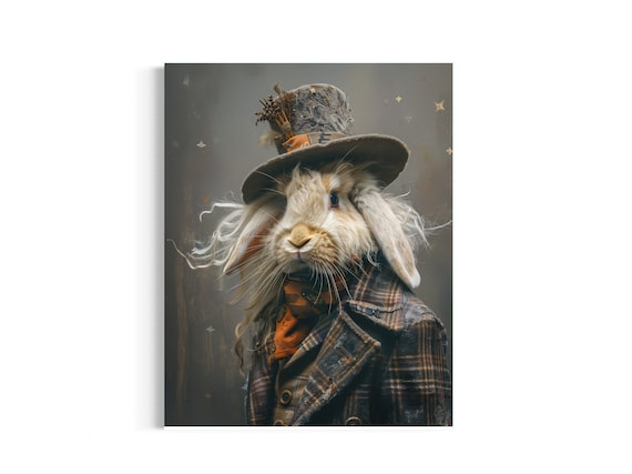 Bunny Wearing Vintage Plaid Jacket, Whimsical Rabbit Bunny Wearing Vintage Plaid Jacket, Whimsical Rabbit