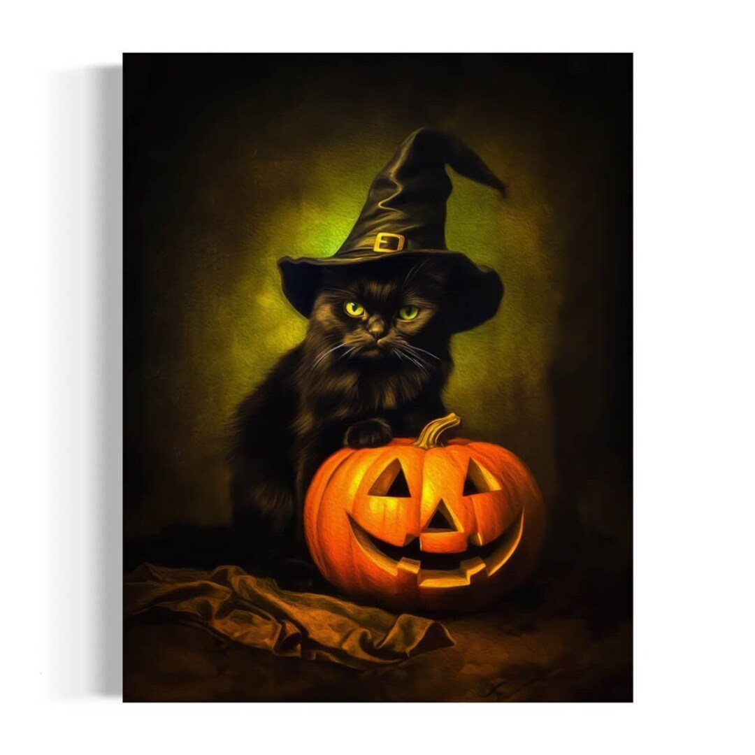 Vintage Black Cat Wall Art, Witch Halloween Cat With Jack O Lantern