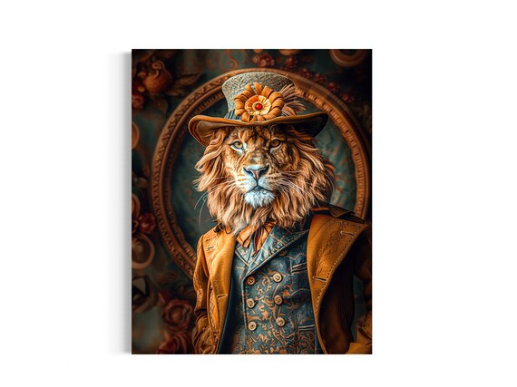 The Gentleman Lion Royal Portrait | Victorian Lion Wearing a Top Hat Painting, Lion Art, Dark Gallery Wall, Animals In Clothes AXS25