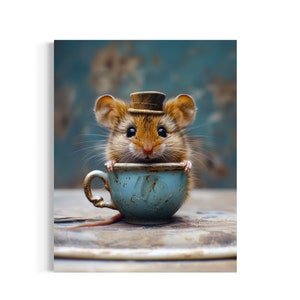 Mouse In A Tea Cup Art Print, Mouse in Aqua Vintage China Cup, Funny Kitchen Wall Decor, Clothed Animal, Dark Humor Whimsical 107AS