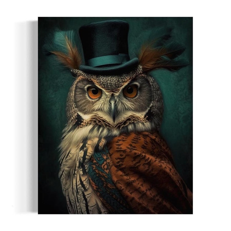 May include: A brown and white owl wearing a green top hat with a blue band and feathers on the sides. The owl is looking directly at the camera with a serious expression. The background is a dark green.