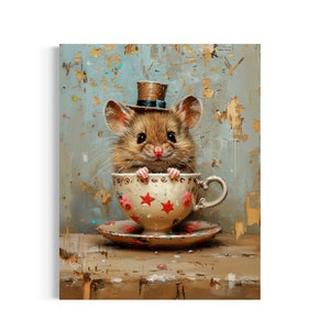 Mouse In A Tea Cup Oil Painting, Mouse in Star Vintage Cup And Saucer, Funny Kitchen Wall Art, Clothed Animal, Dark Humor Whimsical 106AS