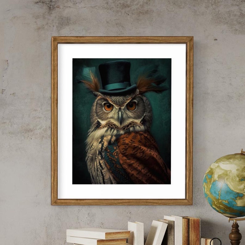 May include: A brown and white owl wearing a teal blue top hat with a teal blue feather on the side. The owl is looking directly at the camera. The background is a dark teal blue.