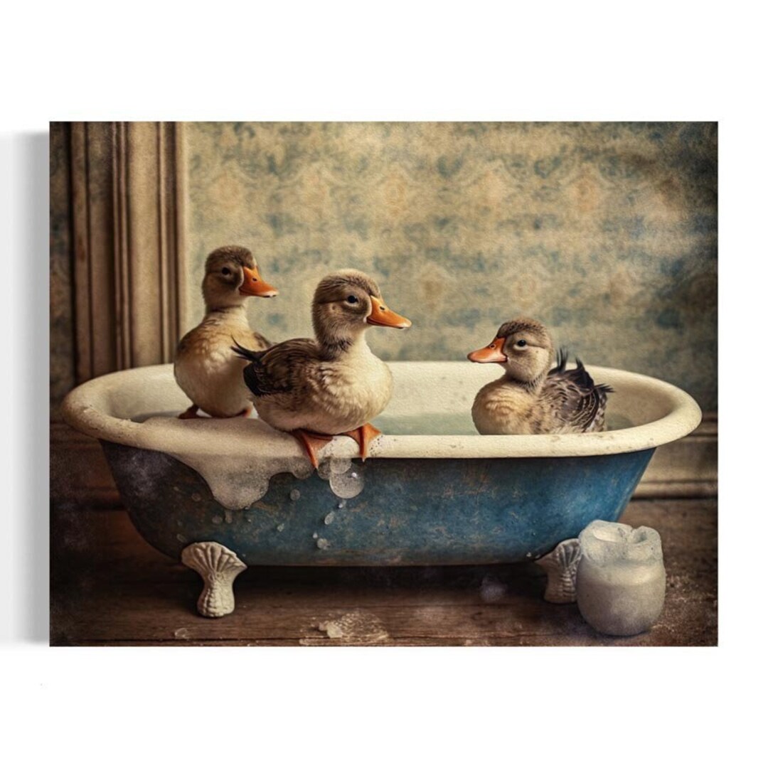 Ducks in the Bathtub Oil Painting Funny Bathroom Wall Art, Cute Bird