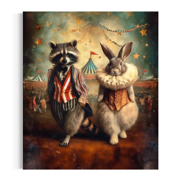 Antique Animal Circus Poster, Vintage Raccoon and Rabbit Circus Performers, Animals in Clothes Decor, Whimsical Unique Eclectic Retro 43AS