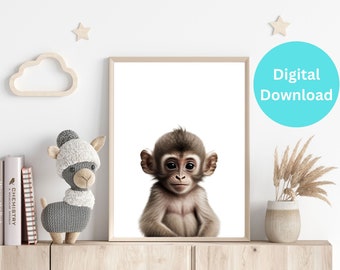 Monkey Printable Wall Art, Safari Nursery Art, Baby Animal Print, Digital Printable, AI Generated Nursery Wall Art Decor