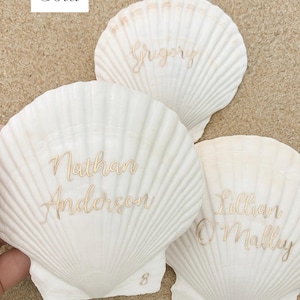 May include: Three white scallop shells with gold lettering. Each shell has a different name: Gregory, Nathan Anderson, and Lillian O'Malley. The word "Gold" is in a white box in the upper left corner.